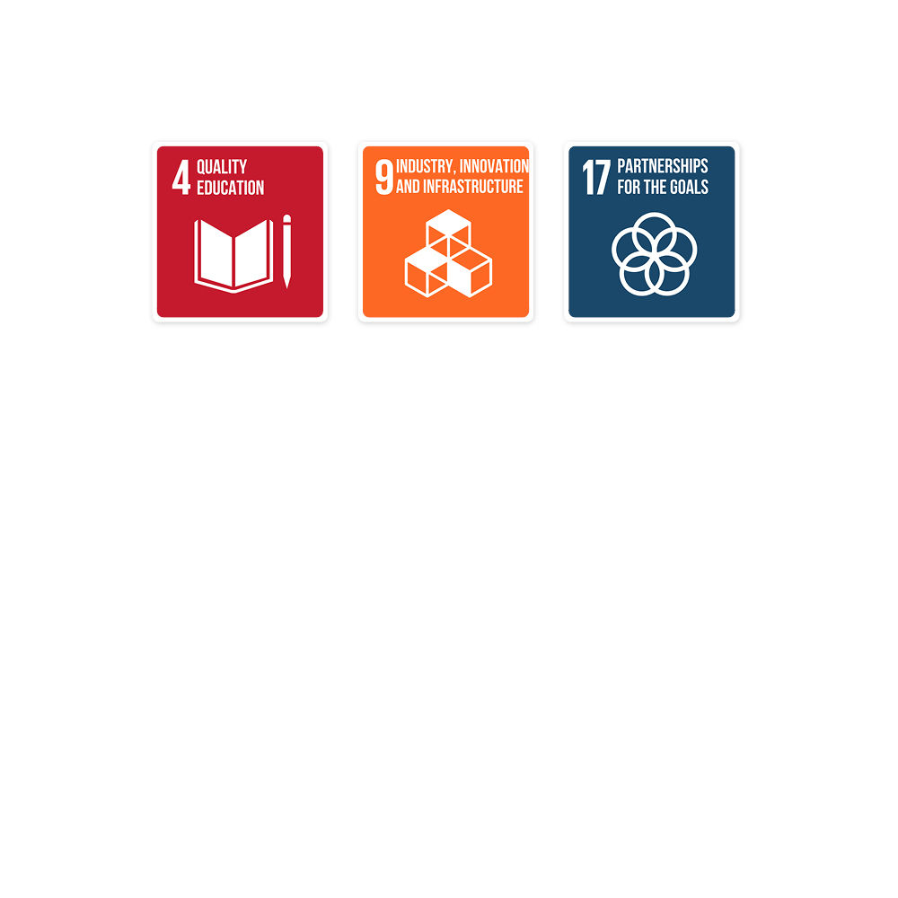 Icons of three United Nations Sustainable Development Goals which are SDG 4: Quality Education, SDG 9: Industry, Innovation and Infrastructure and SDG 17: Partnerships for the Goals.